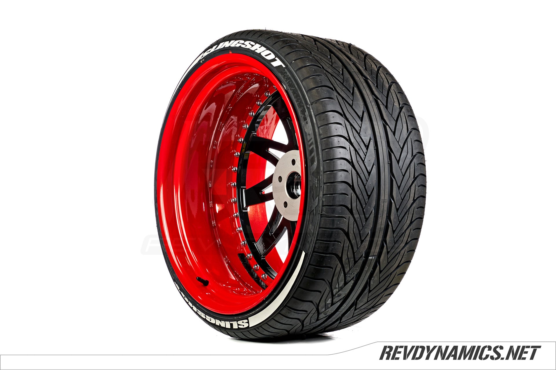 Polaris Slingshot Artis Forged Indy Red and Black custom rims with tire lettering