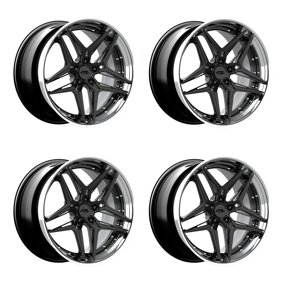 Forgedlite RS8 3pc C8 Corvette 20x9" Front 21x12" Rear Wheel and Tire Package - Gloss Black w/ Chrome Lip