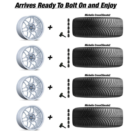 Tesla Model 3 Motegi Tsubaki Hyper Silver wMachined Lip 18 wheel and Michelin CrossClimate2 tire package