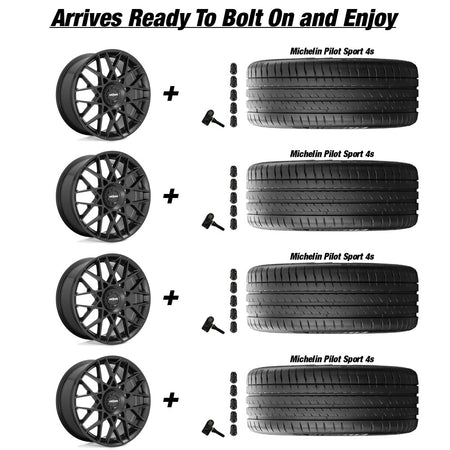 Tesla Model 3 Rotiform BLQ Matte Black 19 wheel and Michelin Pilot Sport All Season 4 tire package